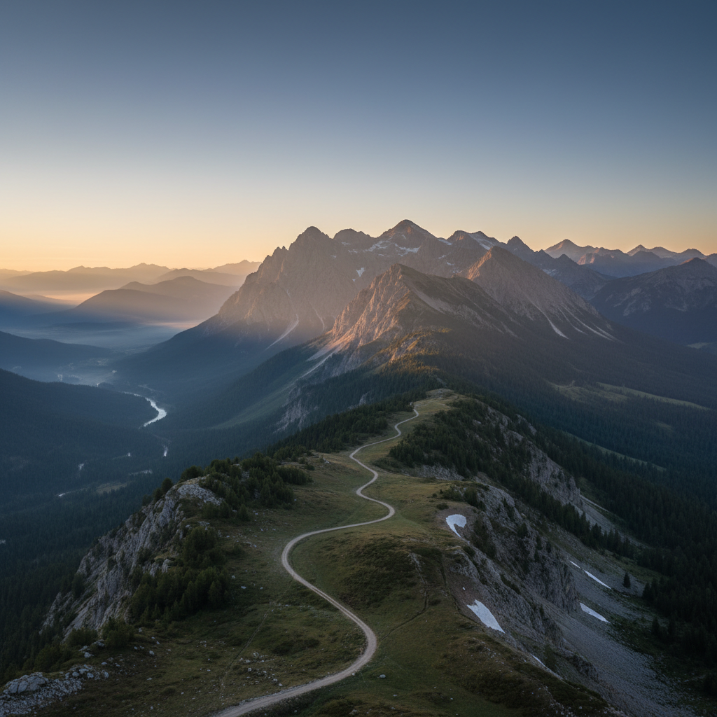 Weite Berglandschaft bei fr&uuml;hem Morgenlicht mit klarem Himmel, symbolisiert Best&auml;ndigkeit, Weite und den langen Weg einer nachhaltigen Lebensweise