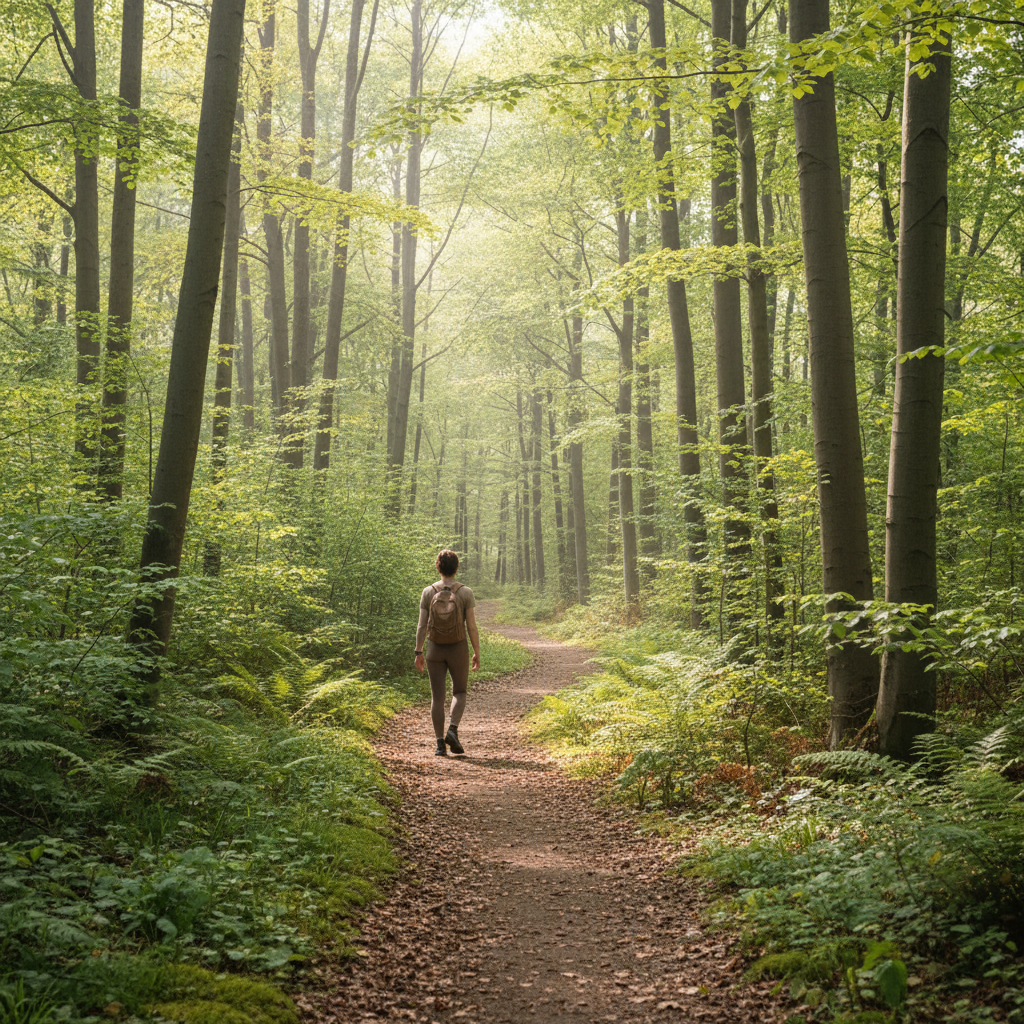 Person geht allein auf einem Waldpfad durch lichtes Gr&uuml;n, symbolisiert die Verbindung von Bewegung und Natur im Alltag
