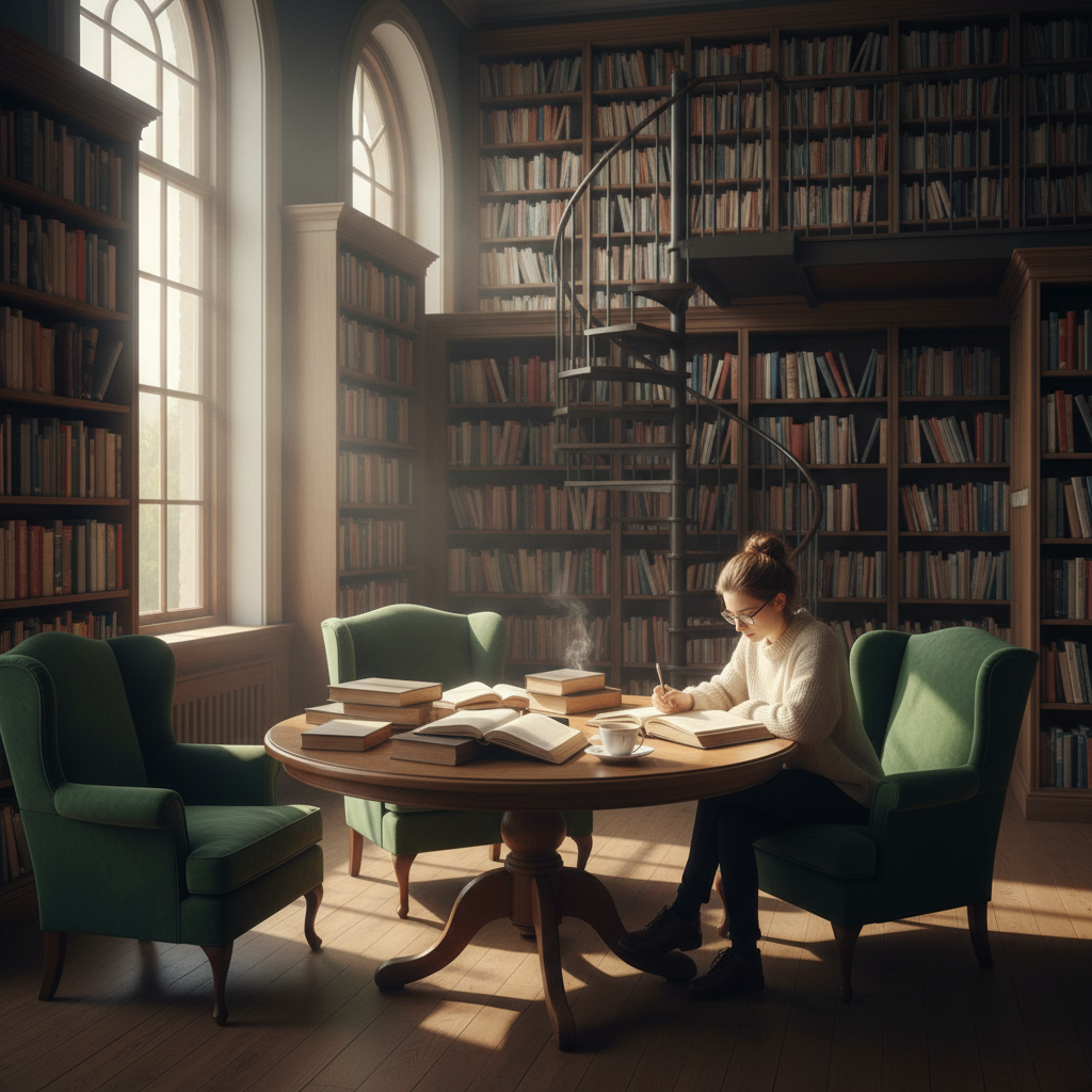 Ruhige Bibliotheksatmosph&auml;re mit nat&uuml;rlichem Lichteinfall, symbolisiert das Lesen und Vertiefen von Wissen