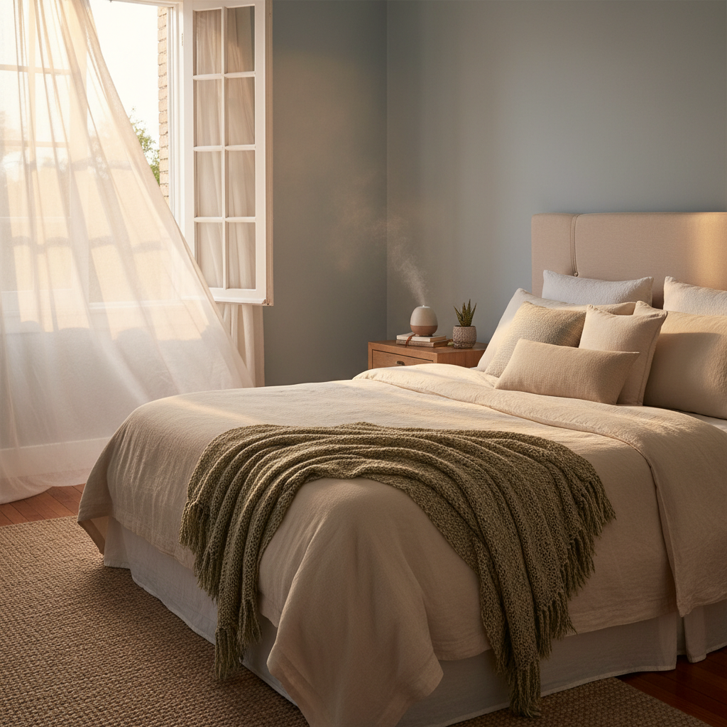 Ruhiges Schlafzimmer mit warmem Abendlicht durch ein halb ge&ouml;ffnetes Fenster, symbolisiert eine f&ouml;rdernde Schlafumgebung und nat&uuml;rliche Regeneration