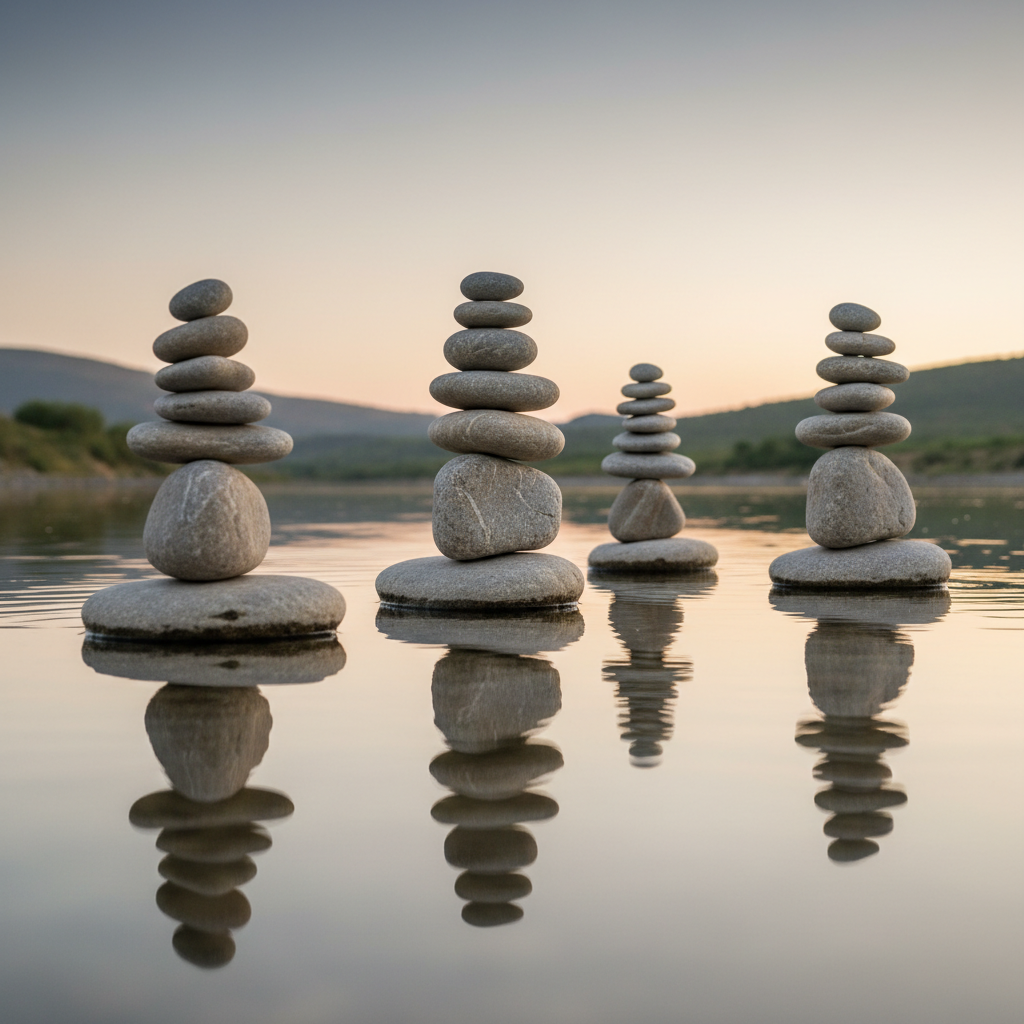 Steine auf ruhigem Wasser geometrisch gestapelt als Symbol f&uuml;r Gleichgewicht, Atemkontrolle und innere Stille