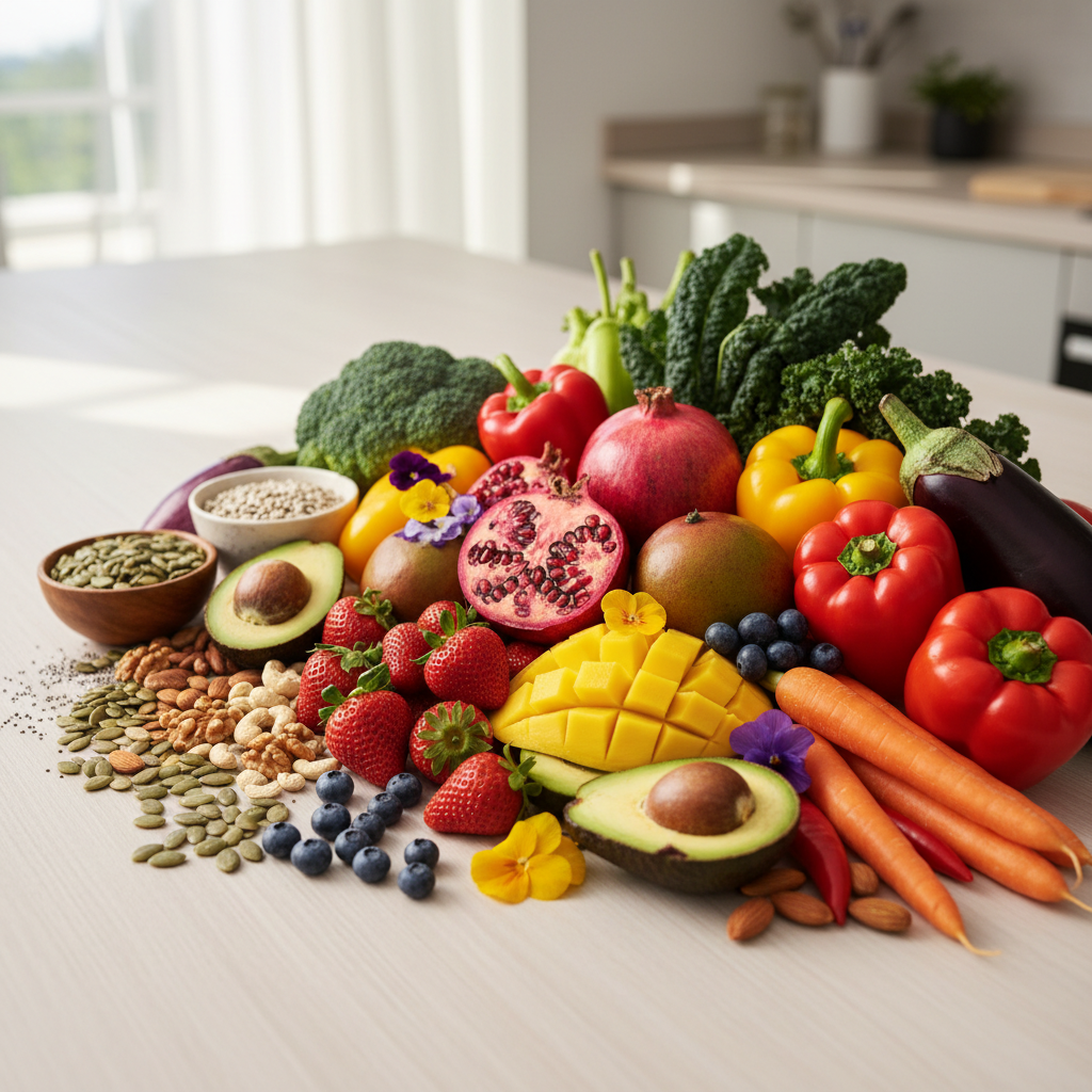 Auswahl frischer nat&uuml;rlicher Lebensmittel mit N&uuml;ssen, Samen, Bl&auml;ttgem&uuml;se und Beeren auf einer Holzoberfl&auml;che als Symbol f&uuml;r n&auml;hrstoffreiche Ern&auml;hrungsvielfalt