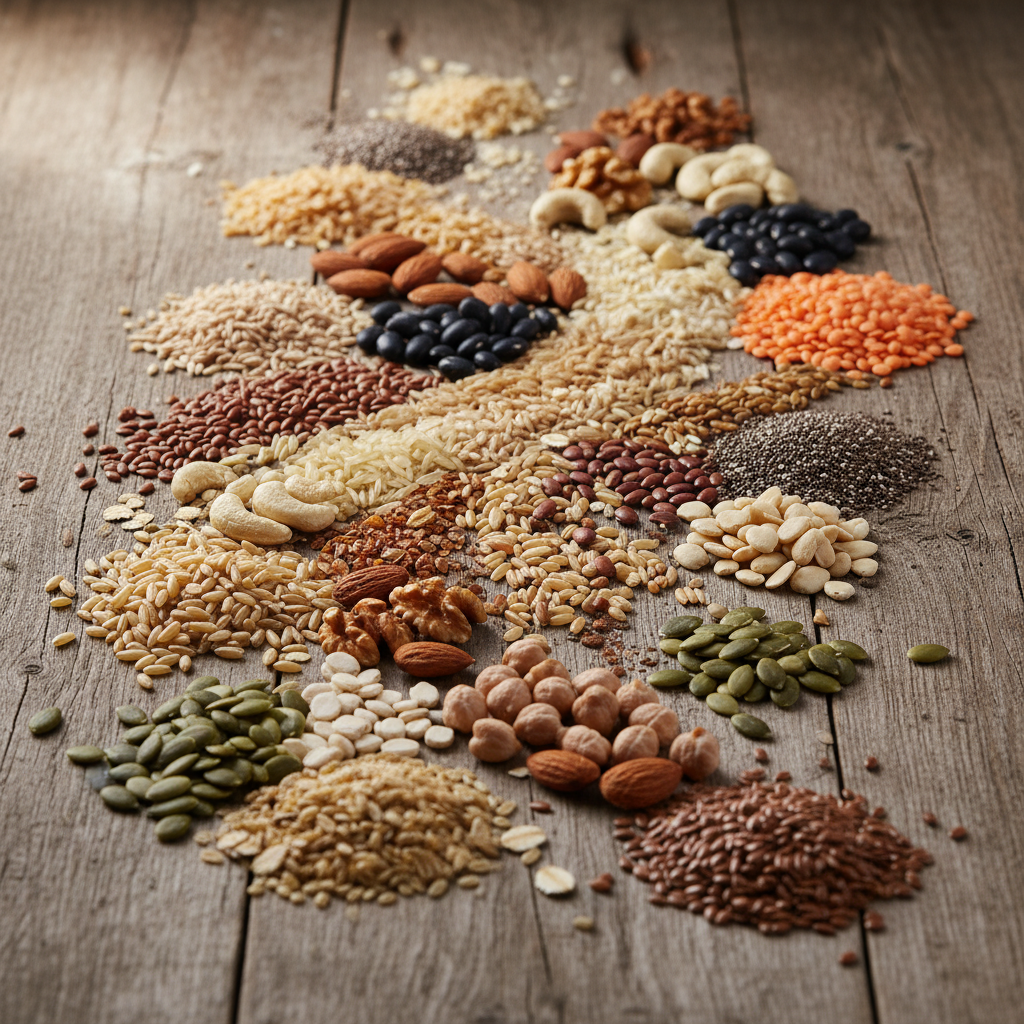 Frische ungekochte Zutaten: Verschiedene K&ouml;rner, N&uuml;sse, H&uuml;lsenfr&uuml;chte und Samen auf einer Holzfl&auml;che angeordnet, als Symbol f&uuml;r eine vielf&auml;ltige pflanzliche Ern&auml;hrungsgrundlage