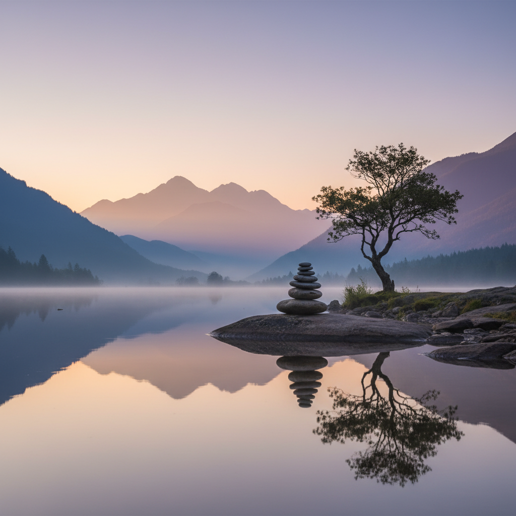 Ruhige Naturlandschaft mit Bergsilhouetten im sanften Morgenlicht, Symbol f&uuml;r innere Balance und Besinnung