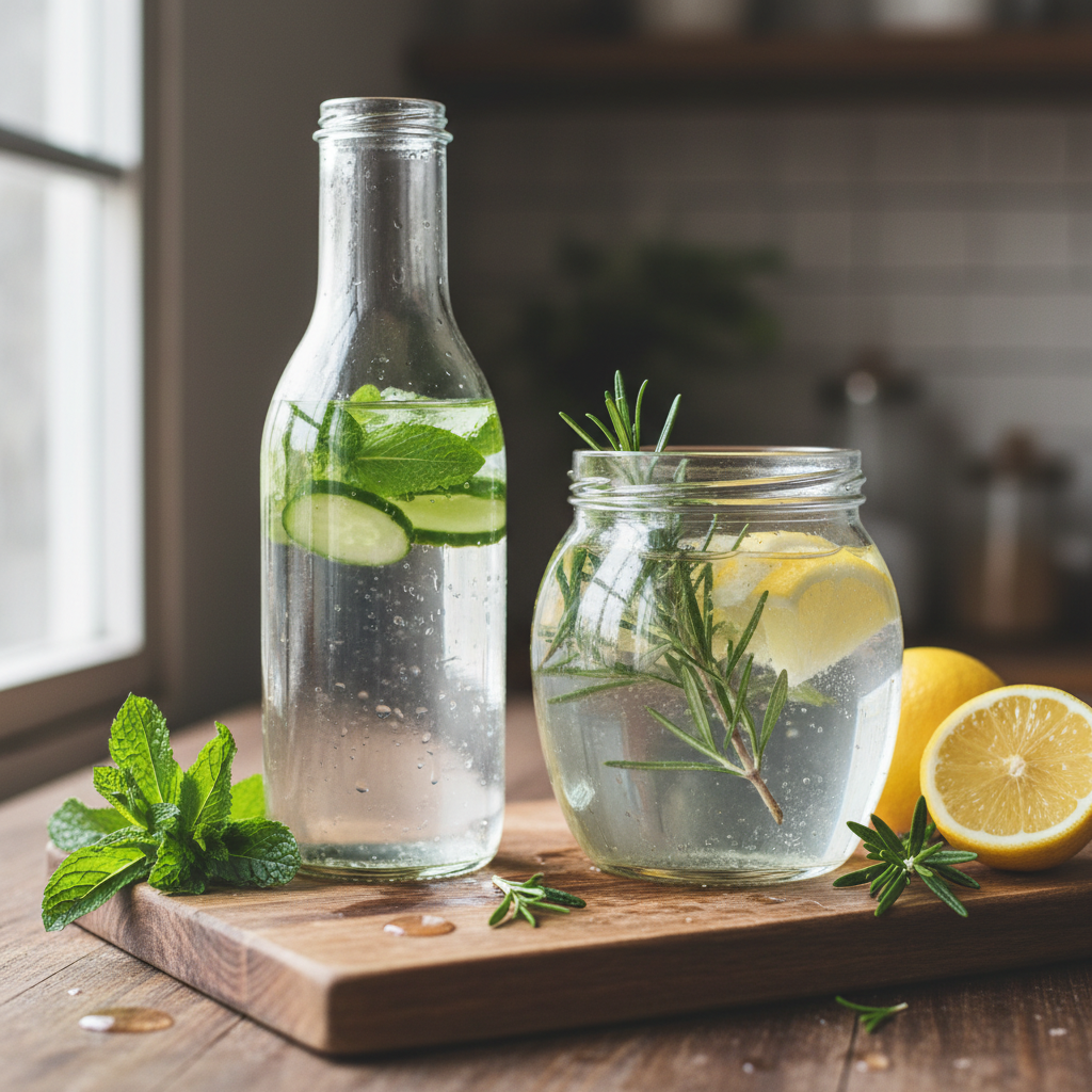 Zwei Glasgef&auml;&szlig;e mit frischem Wasser und nat&uuml;rlichen Kr&auml;utern auf einer Holzfl&auml;che, symbolisiert bewusste Hydration als t&auml;gliche Gewohnheit